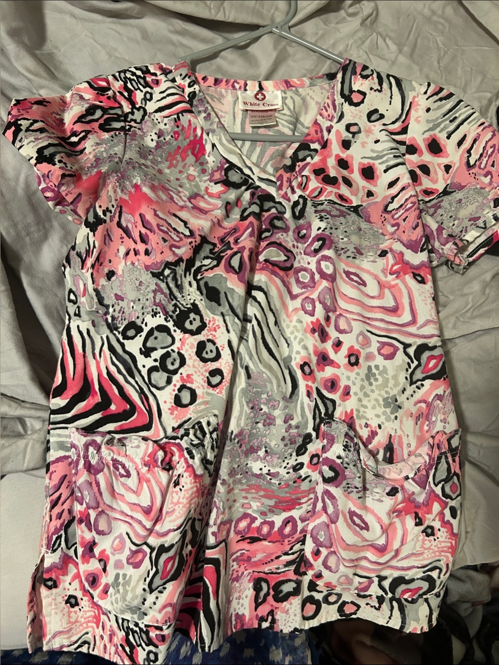 White Cross Pink Black White Abstract Print Scrub Top